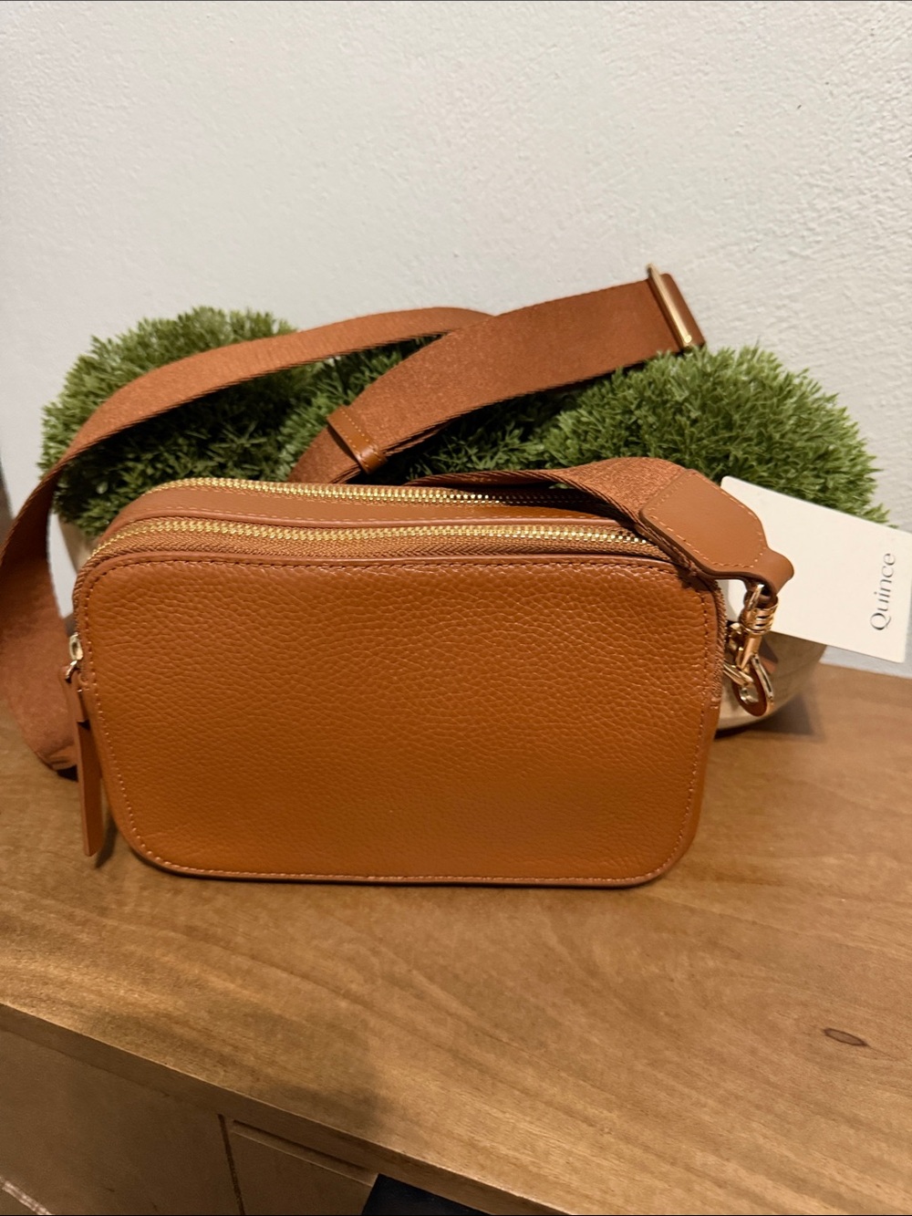 Quince Cognac Leather Crossbody Camera Bag with Wide Strap